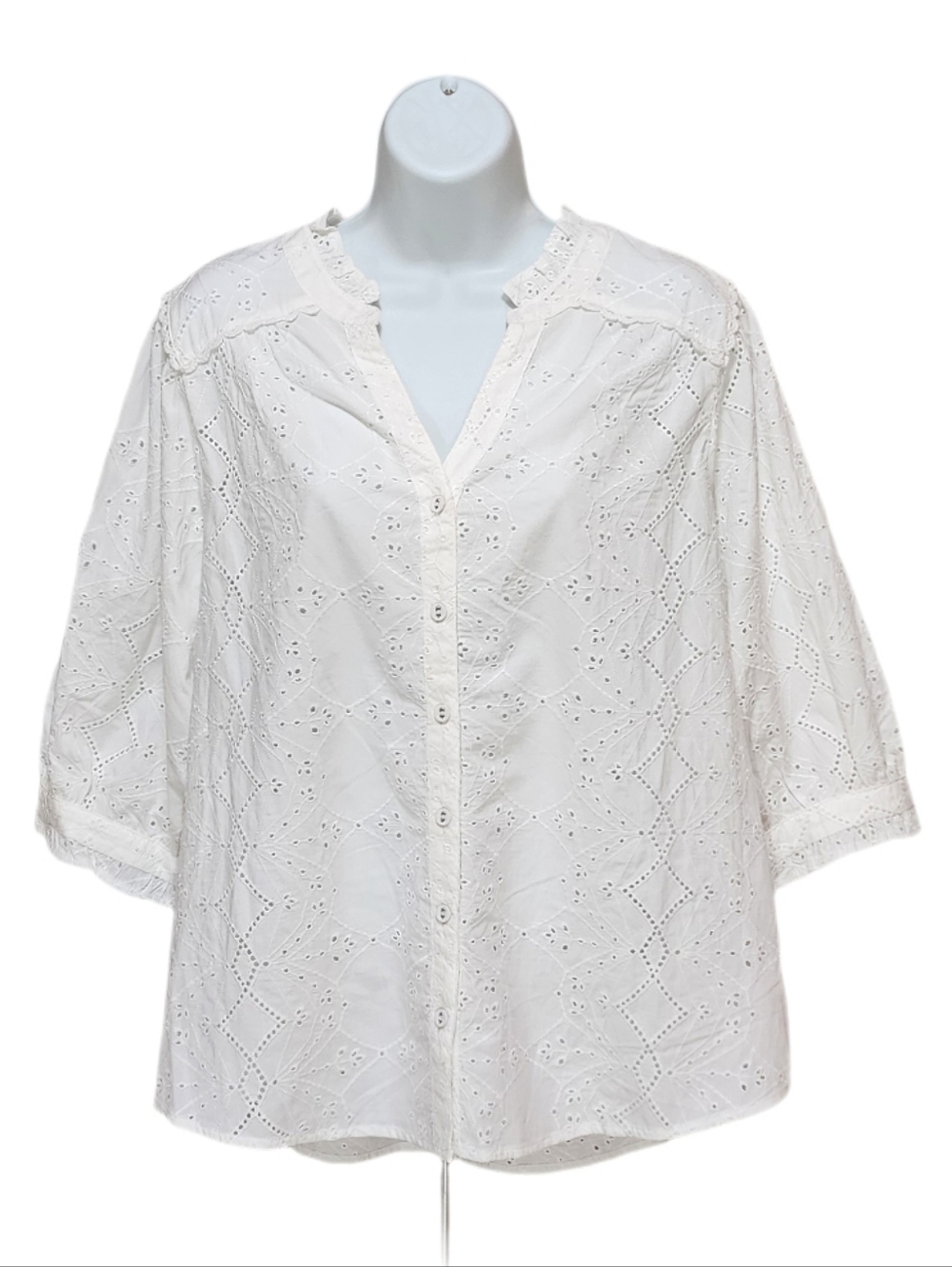Wit & Wisdom Plus Size Ruffle Collar Eyelet Button Down Shirt Elbow Sleeve 1X
